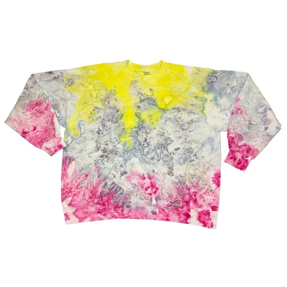 NWOT Hand Dyed Pink Grey Neon Yellow Tie Dye Sweater - Size XL - Picture 14 of 15
